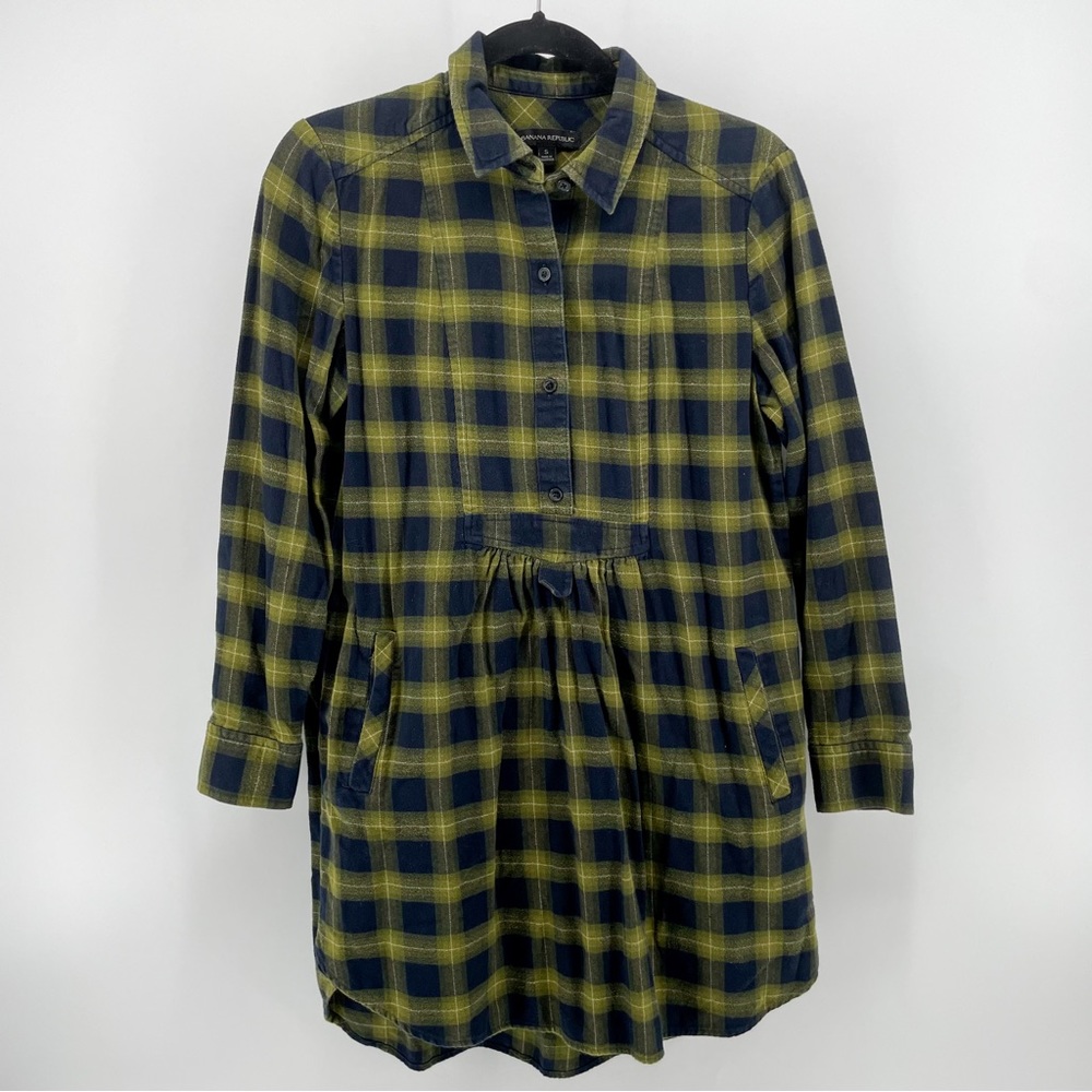 Banana Republic Women’s Shirt Dress Navy Olive Plaid Flannel 100% Cotton S